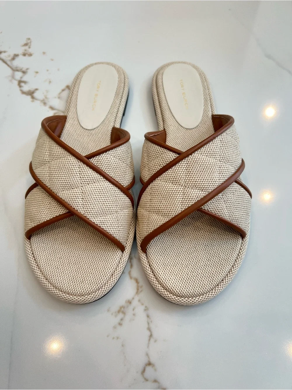 Tory Burch Cream and Brown Quilted Cross-Strap Slides